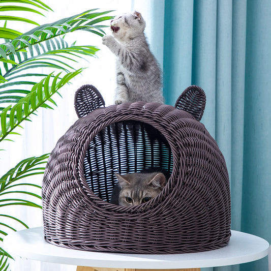 Washable Interactive Play Faux Rattan Cat House